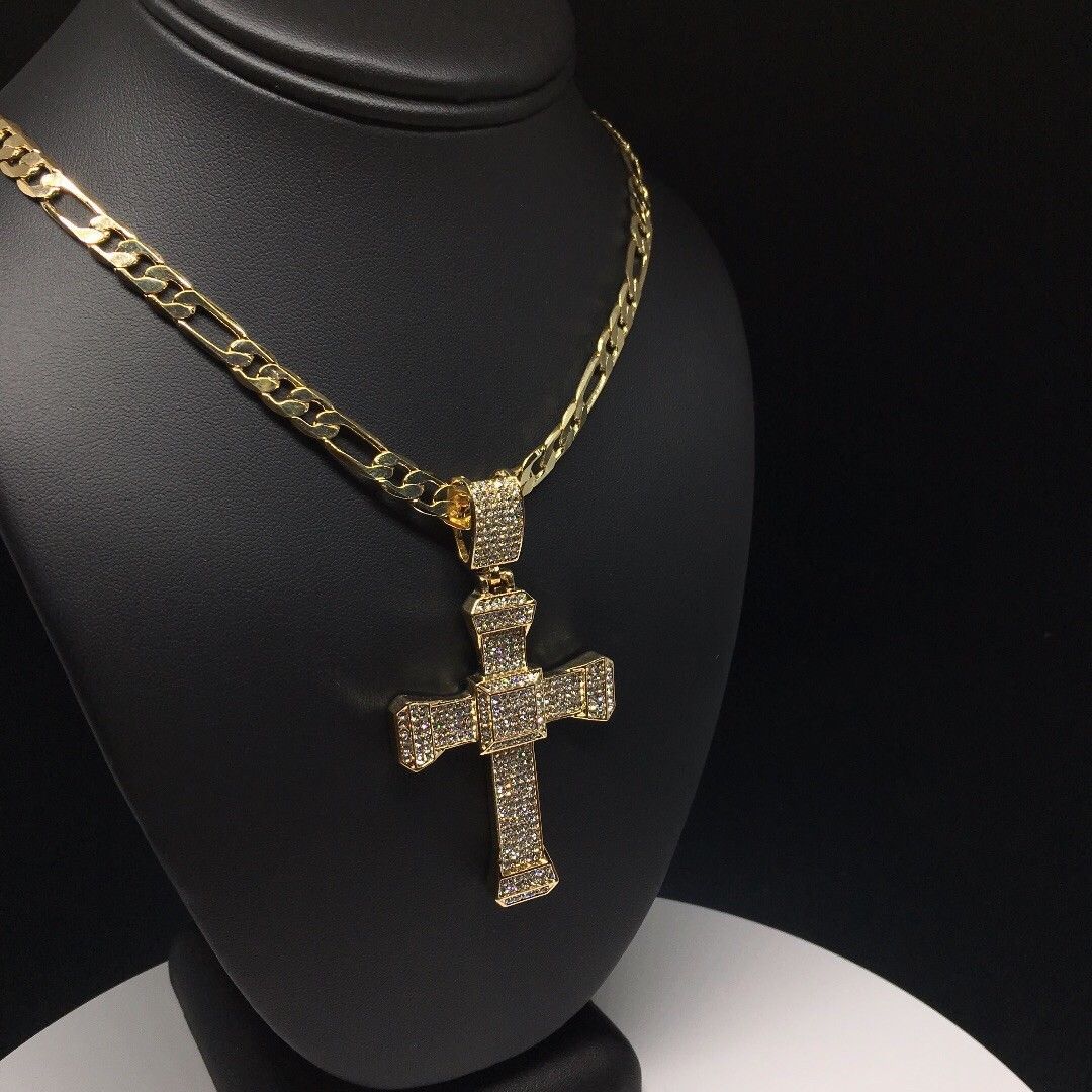 Men Hip Hop Gold Plated Iced Out Cross CZ Pendant Necklace 26" Figaro Chain 7mm - Image 4