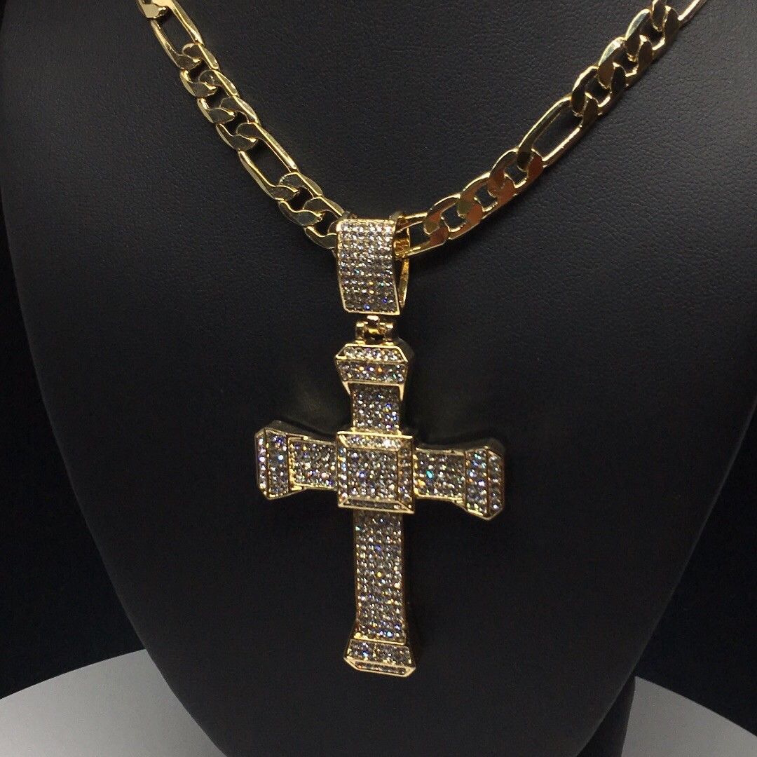 Men Hip Hop Gold Plated Iced Out Cross CZ Pendant Necklace 26" Figaro Chain 7mm - Image 5