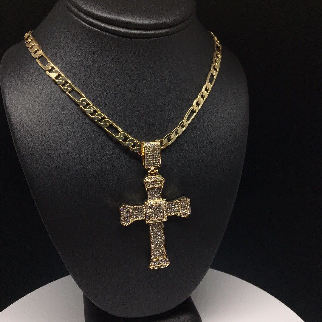 Men Hip Hop Gold Plated Iced Out Cross CZ Pendant Necklace 26" Figaro Chain 7mm - Image 6