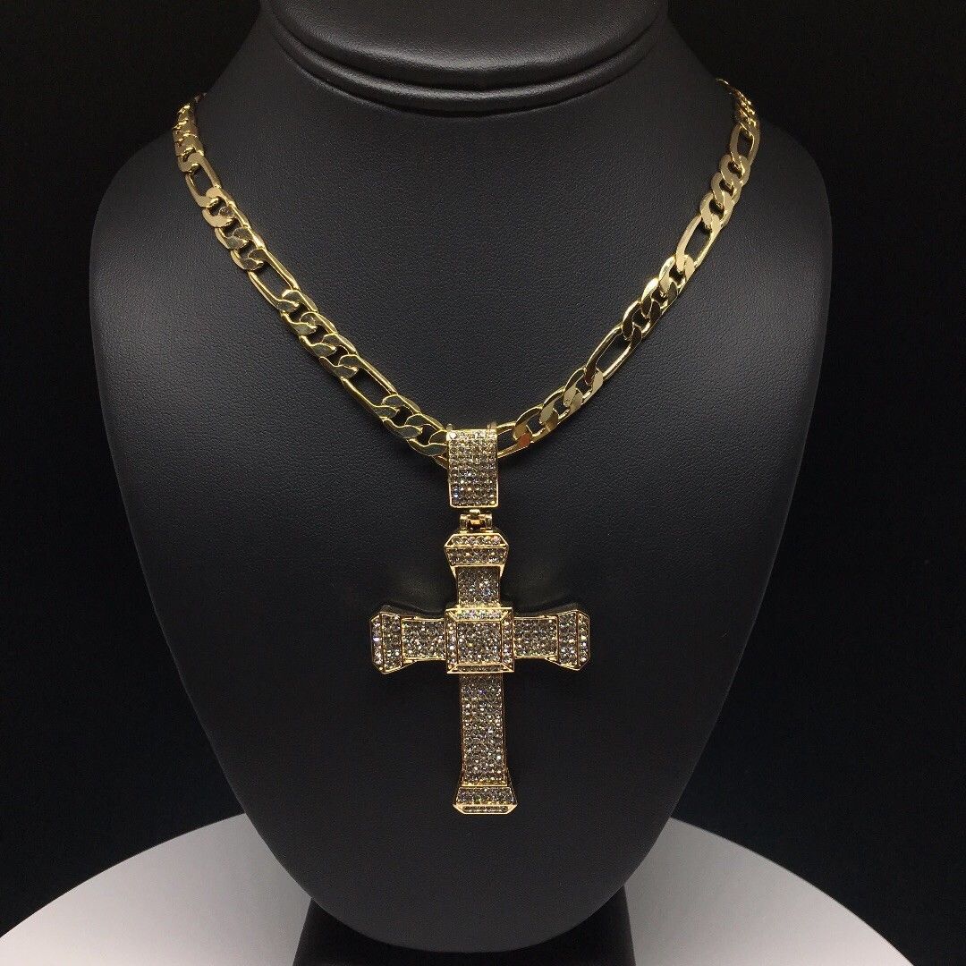 Men Hip Hop Gold Plated Iced Out Cross CZ Pendant Necklace 26" Figaro Chain 7mm - Image 7