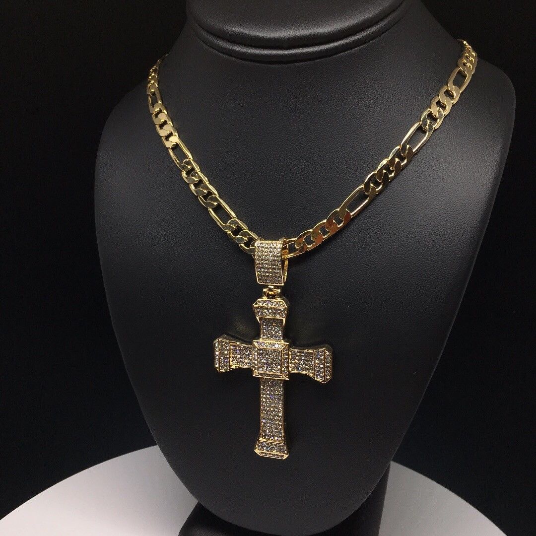 Men Hip Hop Gold Plated Iced Out Cross CZ Pendant Necklace 26" Figaro Chain 7mm - Image 8