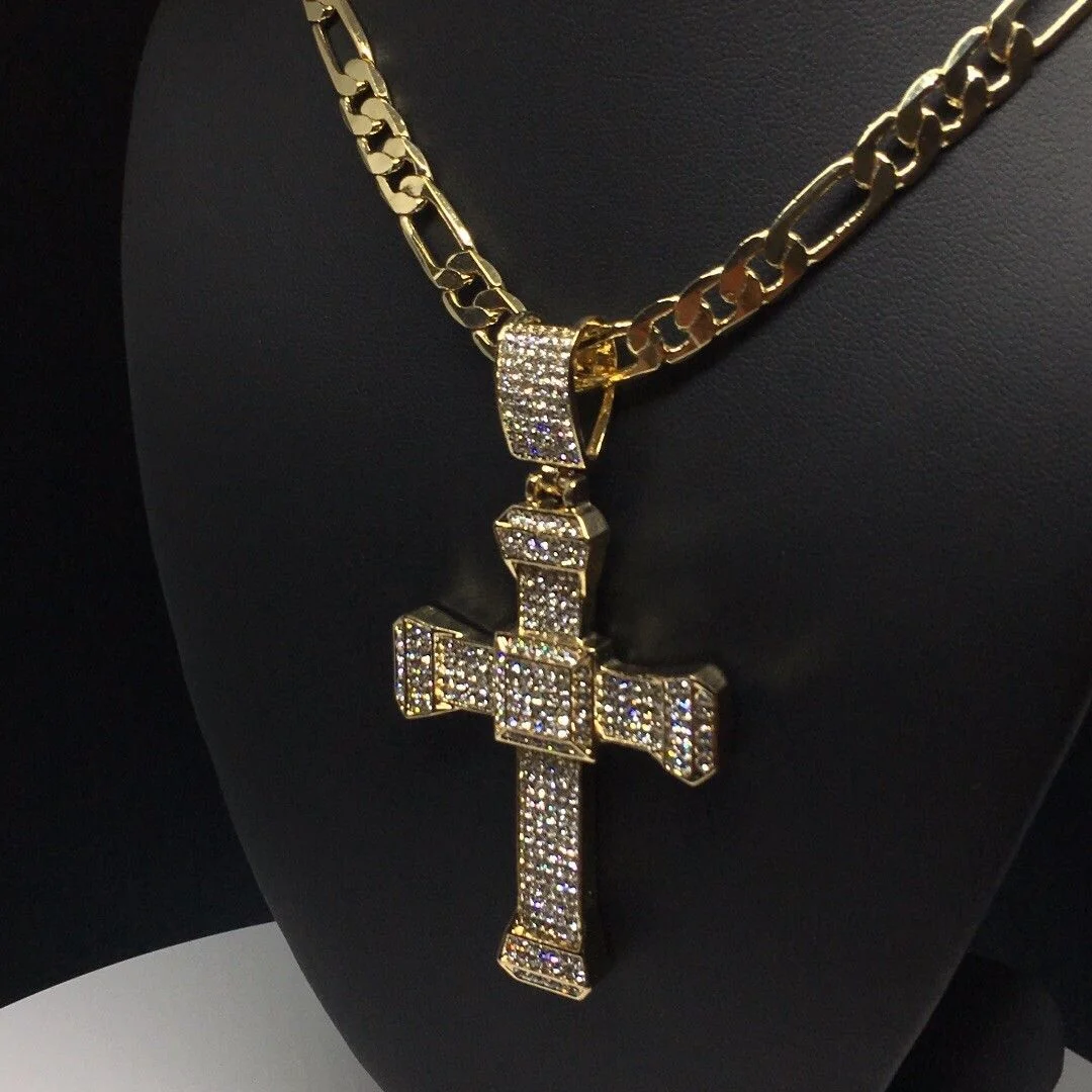 Men Hip Hop Gold Plated Iced Out Cross CZ Pendant Necklace 26" Figaro Chain 7mm - Image 9
