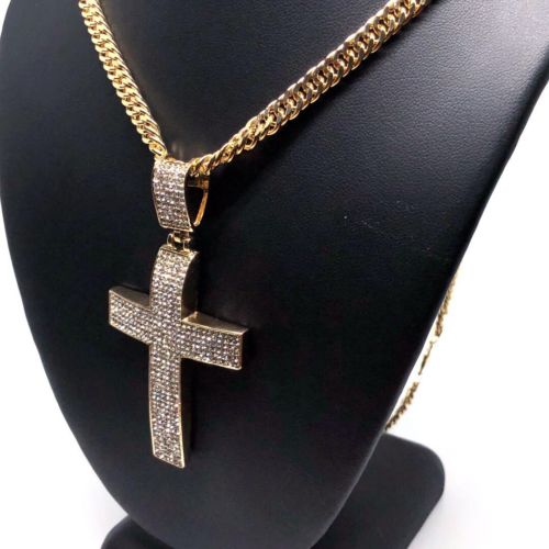Men Hip Hop Gold Plated Iced Out Cross CZ Pendant Necklace 30" Cuban Link Chain