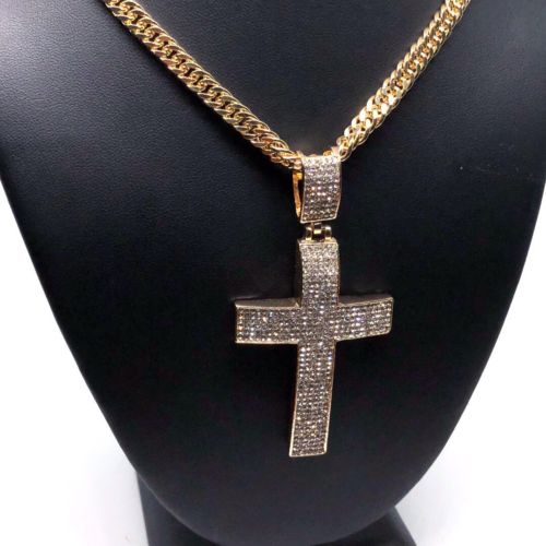 Men Hip Hop Gold Plated Iced Out Cross CZ Pendant Necklace 30" Cuban Link Chain - Image 11
