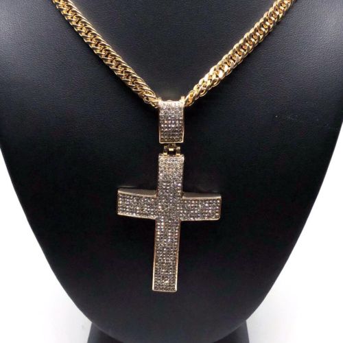 Men Hip Hop Gold Plated Iced Out Cross CZ Pendant Necklace 30" Cuban Link Chain - Image 12