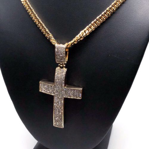 Men Hip Hop Gold Plated Iced Out Cross CZ Pendant Necklace 30" Cuban Link Chain - Image 2