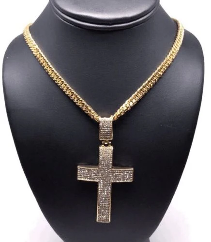 Men Hip Hop Gold Plated Iced Out Cross CZ Pendant Necklace 30" Cuban Link Chain - Image 7
