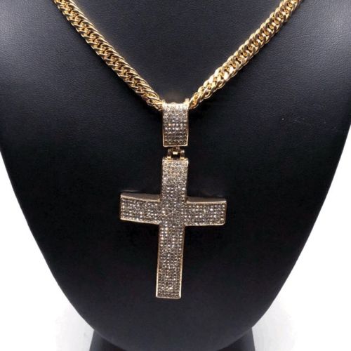 Men Hip Hop Gold Plated Iced Out Cross CZ Pendant Necklace 30" Cuban Link Chain - Image 8