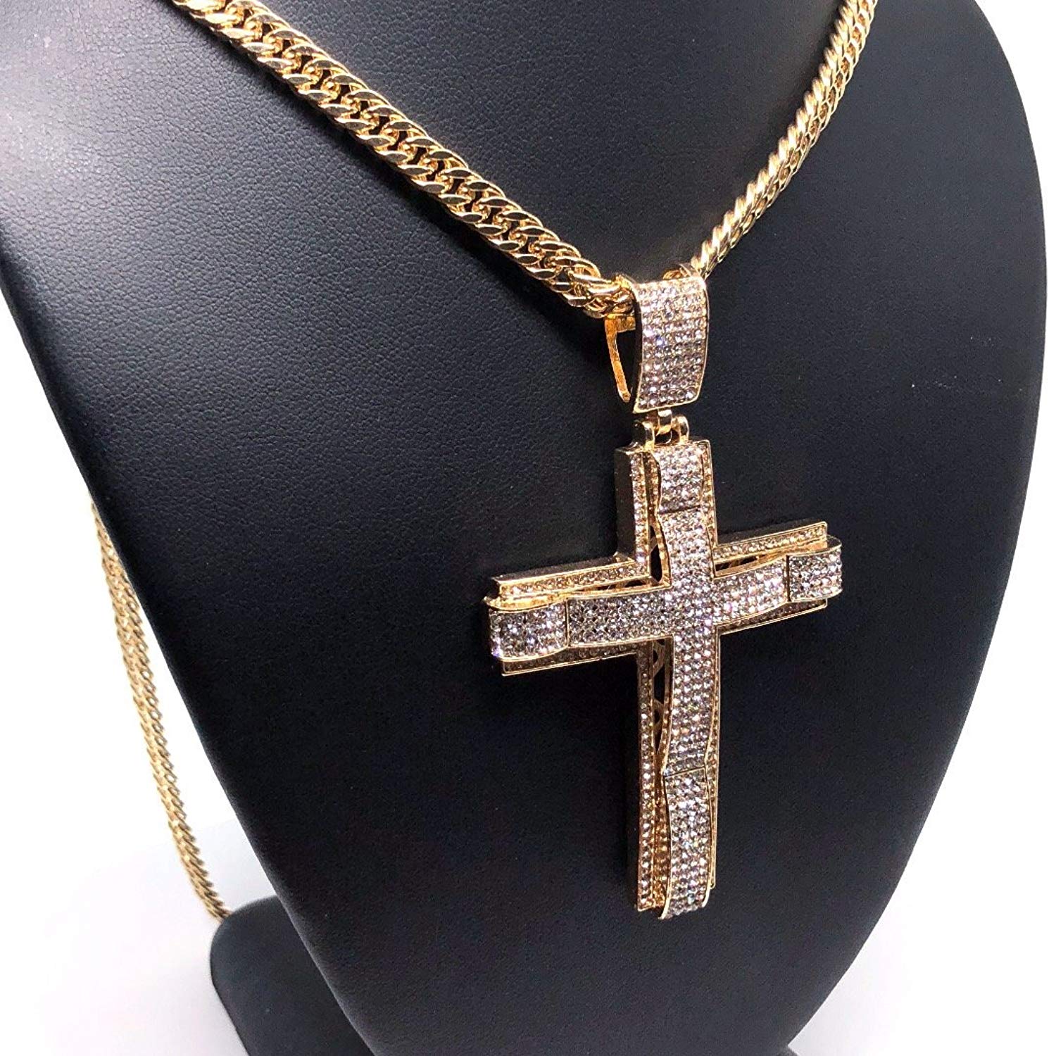 Men's Hip Hop Gold Plated Iced Out Cross CZ Pendant Necklace 30" Cuban Link Chain 6mm - Image 3