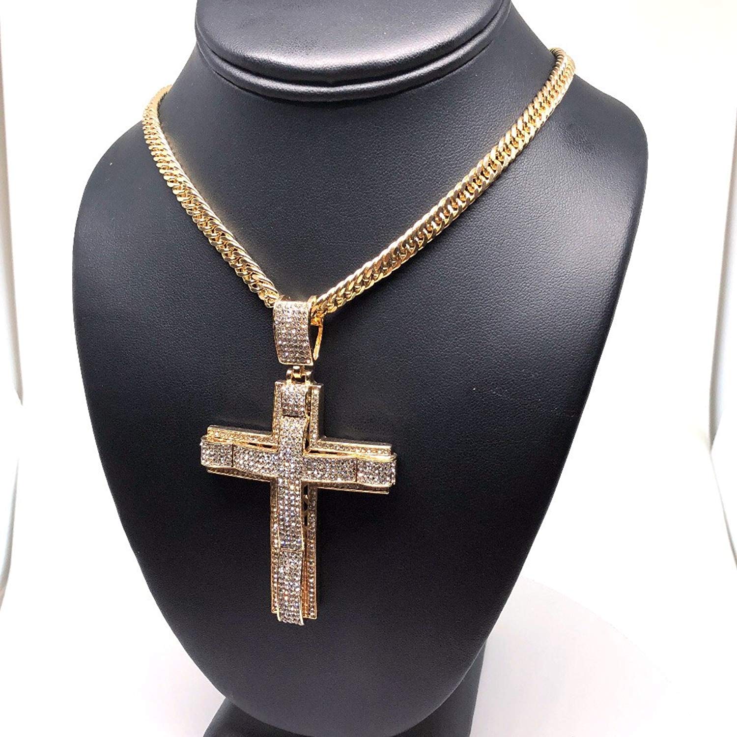 Men's Hip Hop Gold Plated Iced Out Cross CZ Pendant Necklace 30" Cuban Link Chain 6mm - Image 4