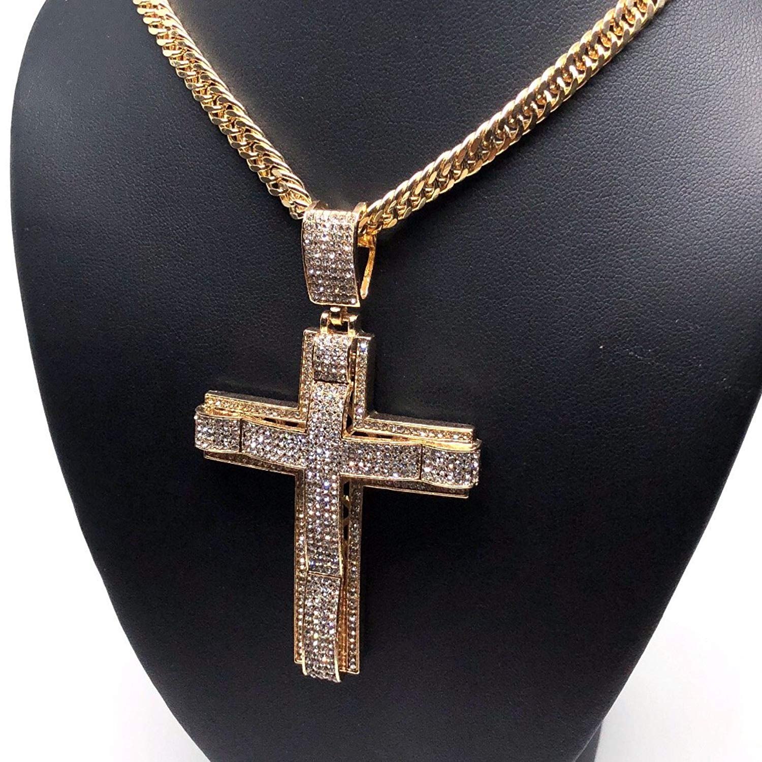 Men's Hip Hop Gold Plated Iced Out Cross CZ Pendant Necklace 30" Cuban Link Chain 6mm - Image 5