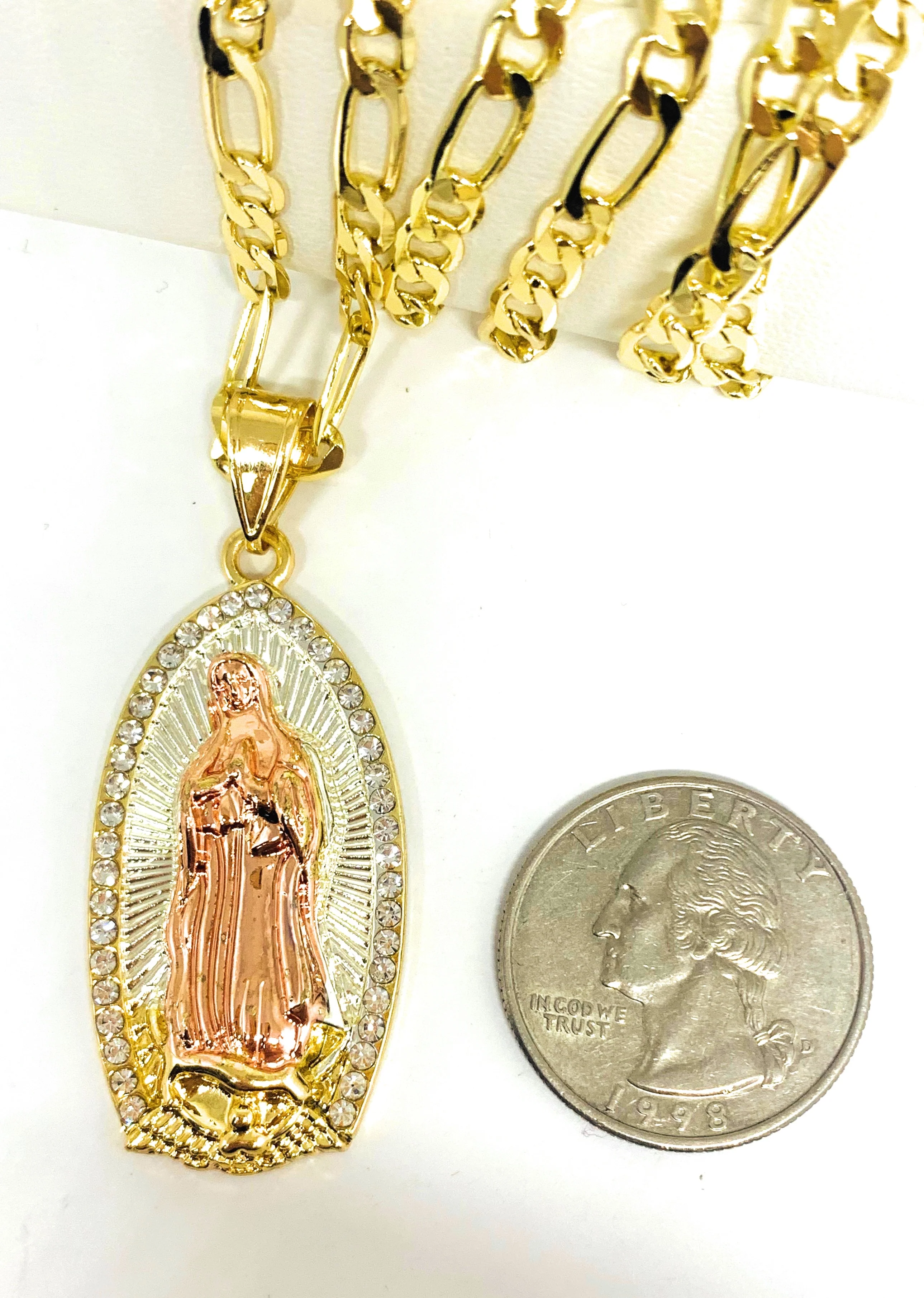 Rose Gold Plated Virgin Mary Pendant Necklace Figaro 24" Virgen de Guadalupe - Image 2