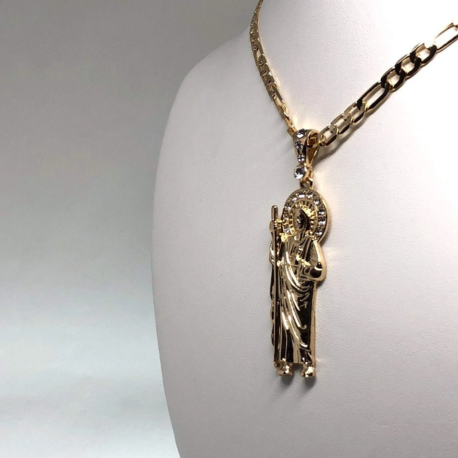 Gold Plated Saint Jude Pendant Necklace Figaro 26" San Judas Tadeo Medalla Con Cadena De Oro Laminado - Image 3