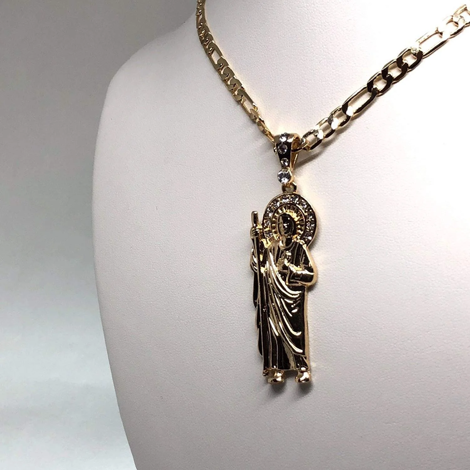 Gold Plated Saint Jude Pendant Necklace Figaro 26" San Judas Tadeo Medalla Con Cadena De Oro Laminado - Image 4