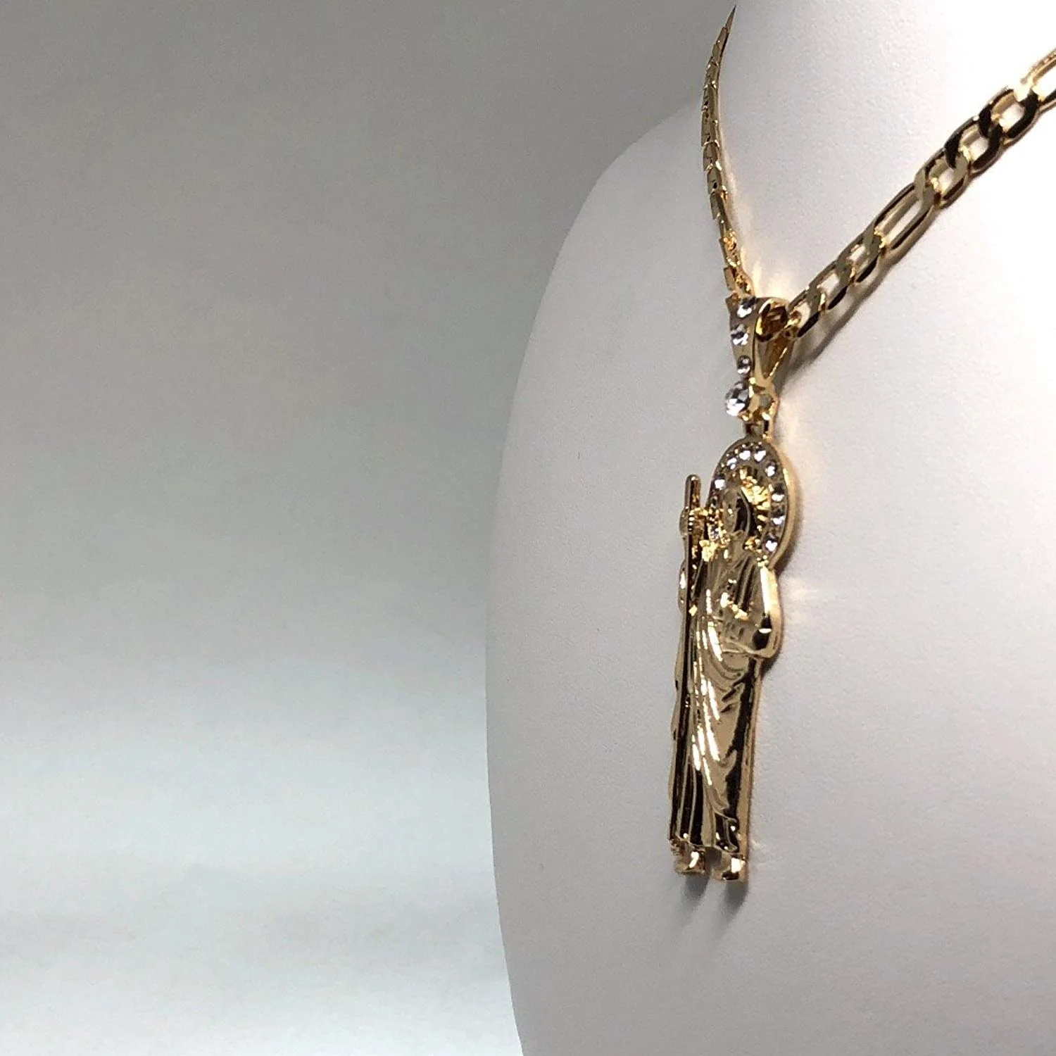 Gold Plated Saint Jude Pendant Necklace Figaro 26" San Judas Tadeo Medalla Con Cadena De Oro Laminado - Image 5