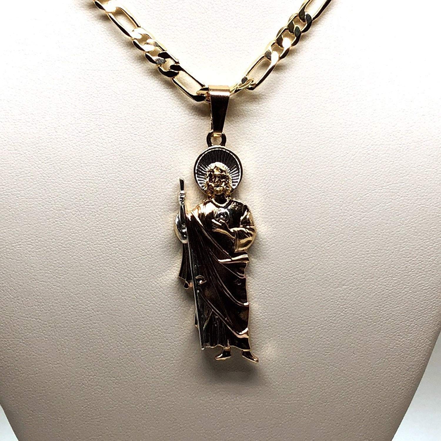 Gold Plated Saint Jude Pendant Necklace Figaro 26" San Judas Tadeo Tres Colores Medalla Con Oro Laminado - Image 10
