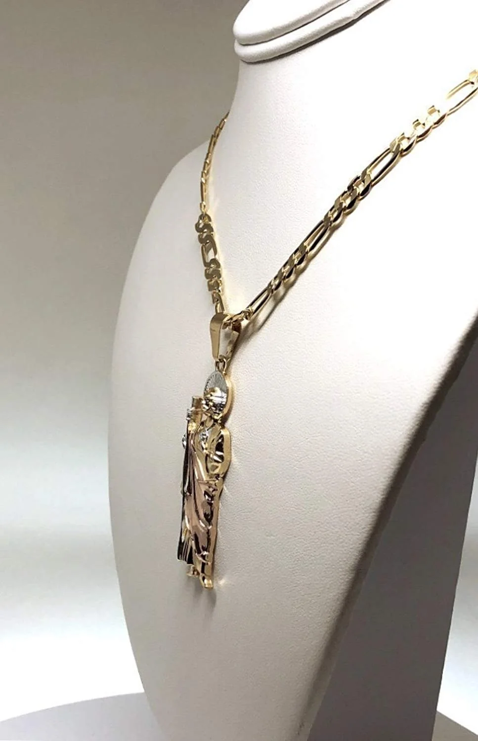 Gold Plated Saint Jude Pendant Necklace Figaro 26" San Judas Tadeo Tres Colores Medalla Con Oro Laminado - Image 4