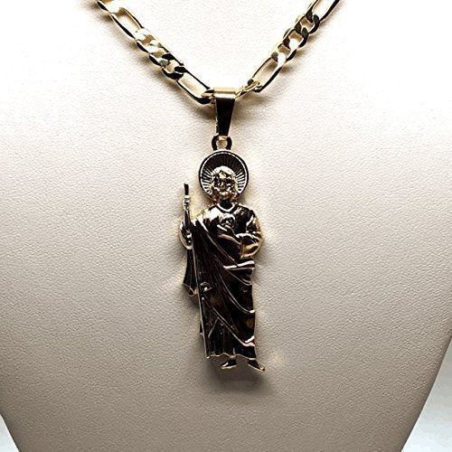 Gold Plated Saint Jude Pendant Necklace Figaro 26" San Judas Tadeo Tres Colores Medalla Con Oro Laminado - Image 5