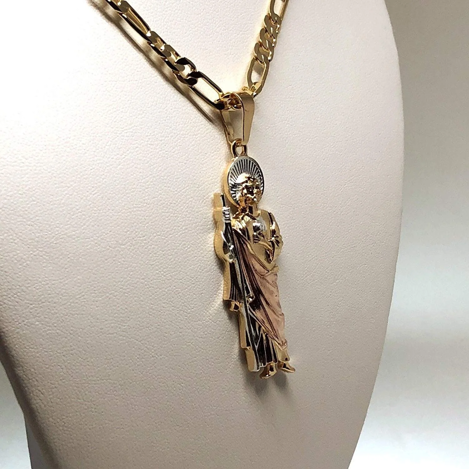 Gold Plated Saint Jude Pendant Necklace Figaro 26" San Judas Tadeo Tres Colores Medalla Con Oro Laminado - Image 6