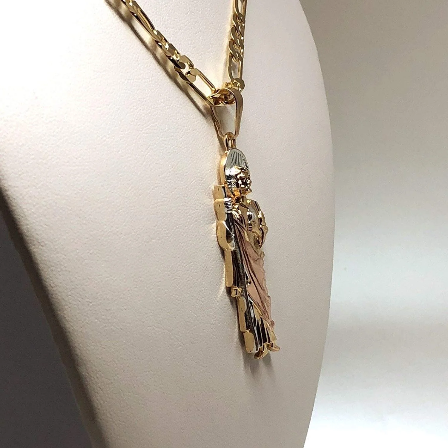 Gold Plated Saint Jude Pendant Necklace Figaro 26" San Judas Tadeo Tres Colores Medalla Con Oro Laminado - Image 7