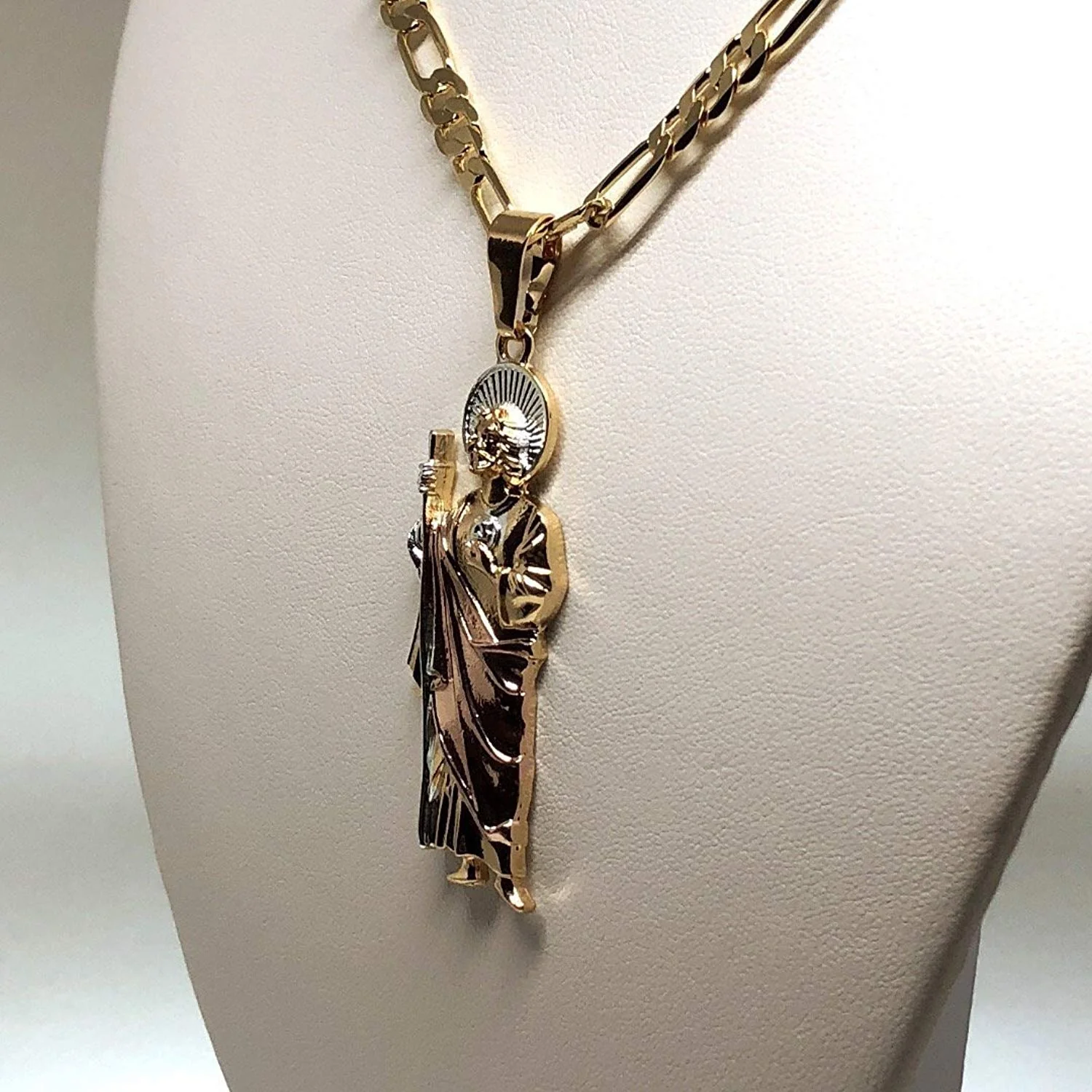 Gold Plated Saint Jude Pendant Necklace Figaro 26" San Judas Tadeo Tres Colores Medalla Con Oro Laminado - Image 8