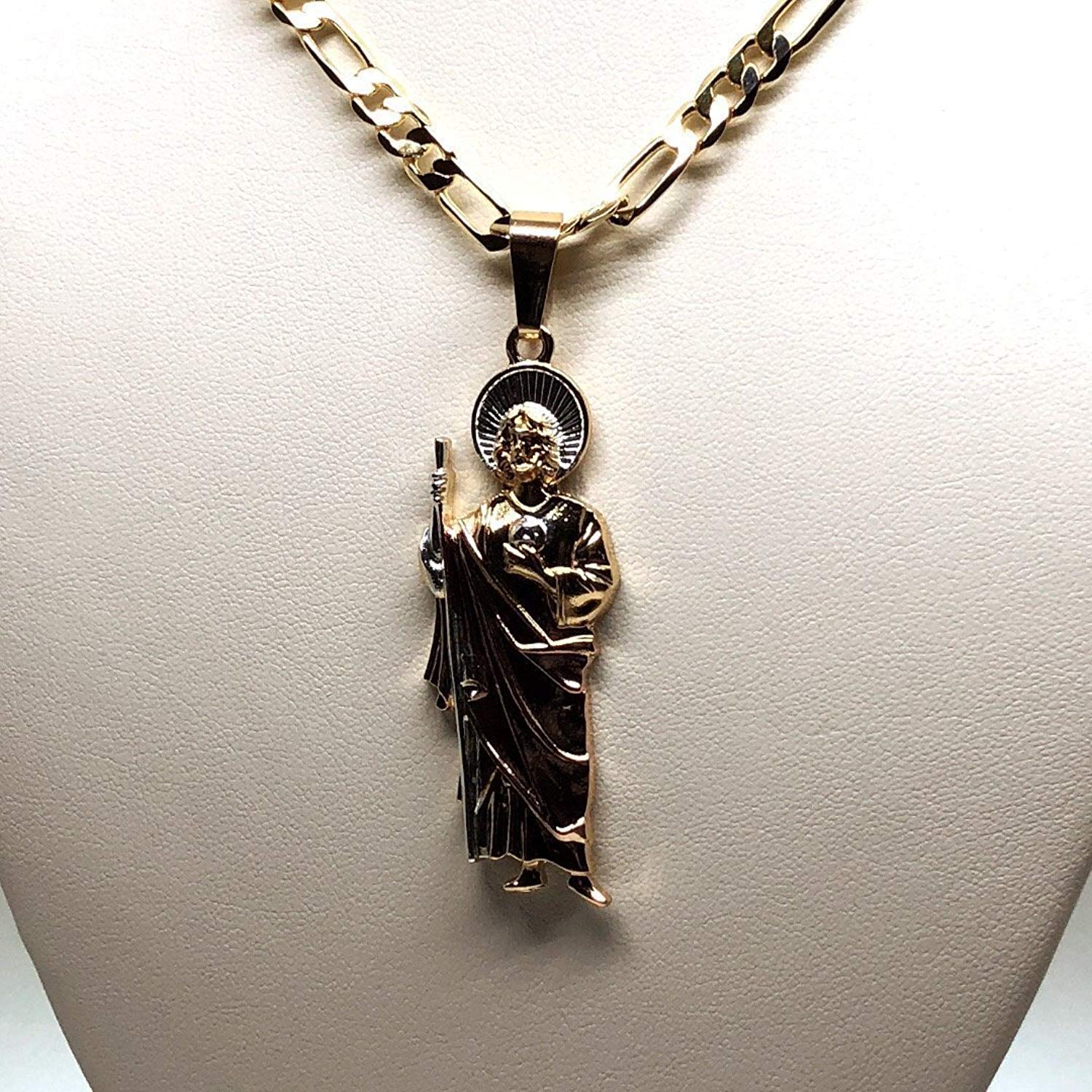 Gold Plated Saint Jude Pendant Necklace Figaro 26" San Judas Tadeo Tres Colores Medalla Con Oro Laminado - Image 9