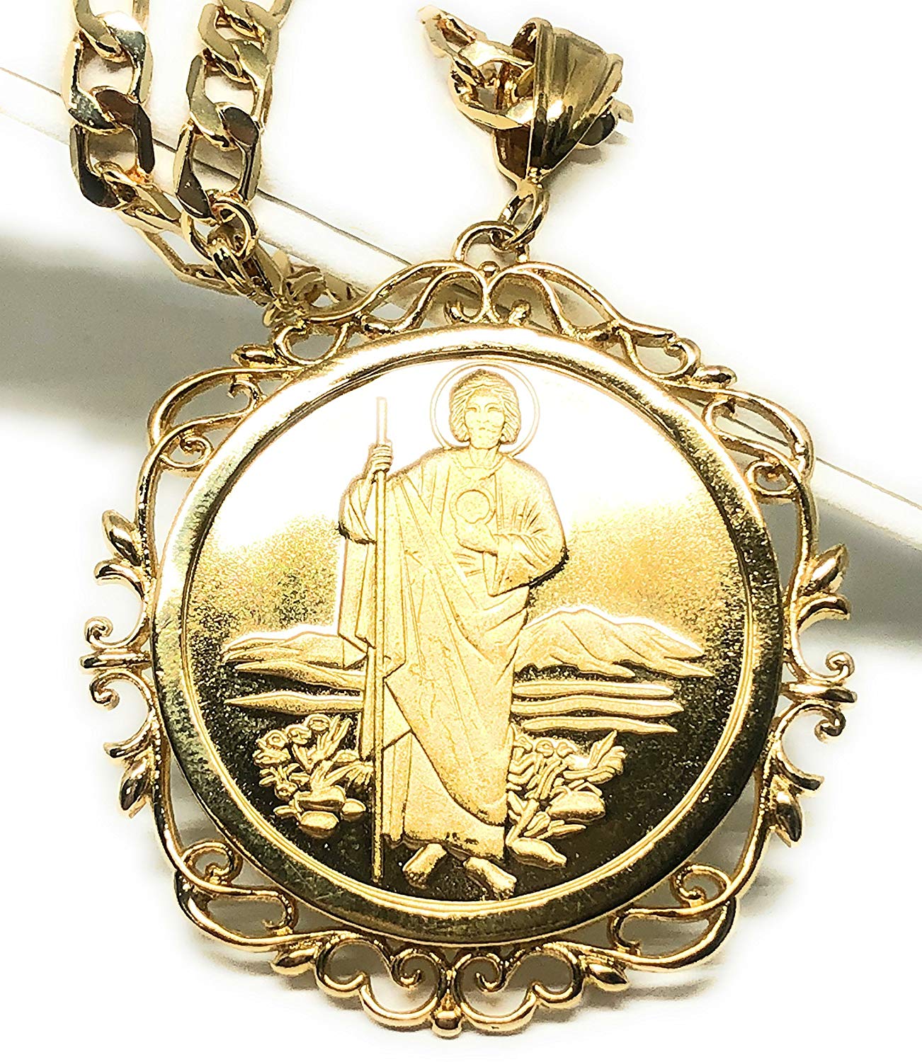 Gold Plated Saint Jude Pendant Necklace Figaro 26" San Judas Tadeo Virgen Centenario Medalla Oro Laminado - Image 3