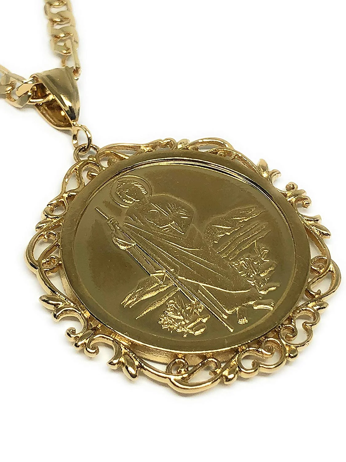 Gold Plated Saint Jude Pendant Necklace Figaro 26" San Judas Tadeo Virgen Centenario Medalla Oro Laminado - Image 4