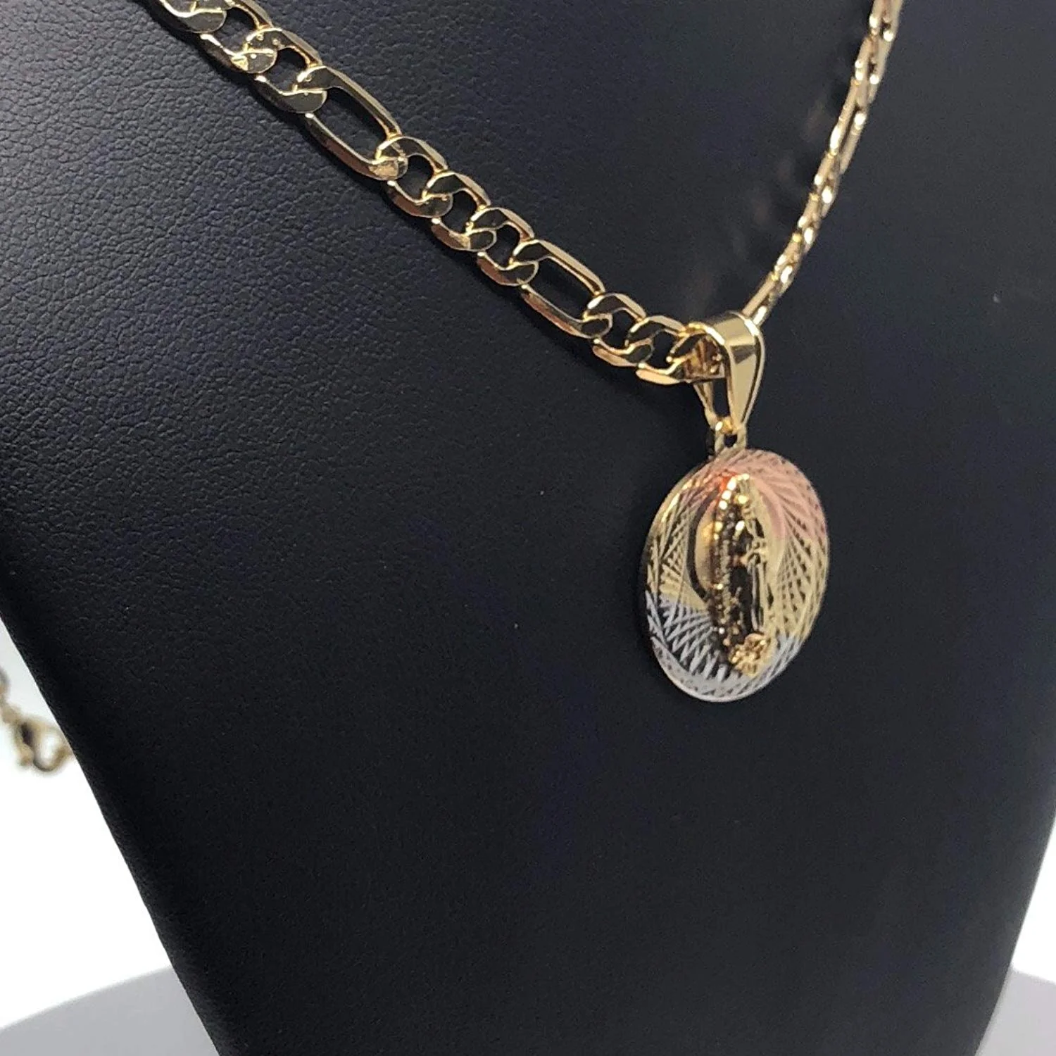 Gold Plated Tri Color Virgin Mary Pendant Necklace Figaro 26" Virgen Guadalupe - Image 3