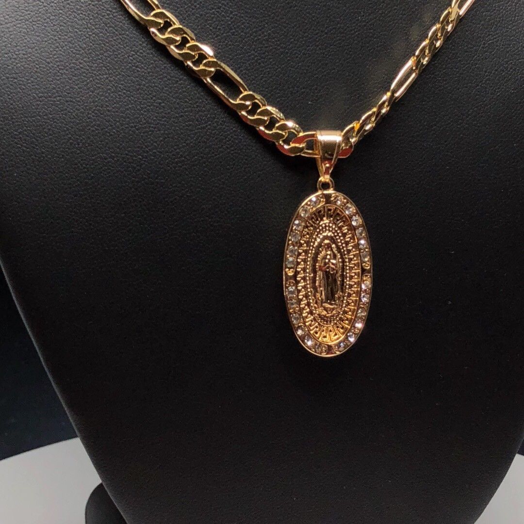 Gold Plated Virgin Mary Pendant White Stones 24" Chain Virgen Guadalupe - Image 10