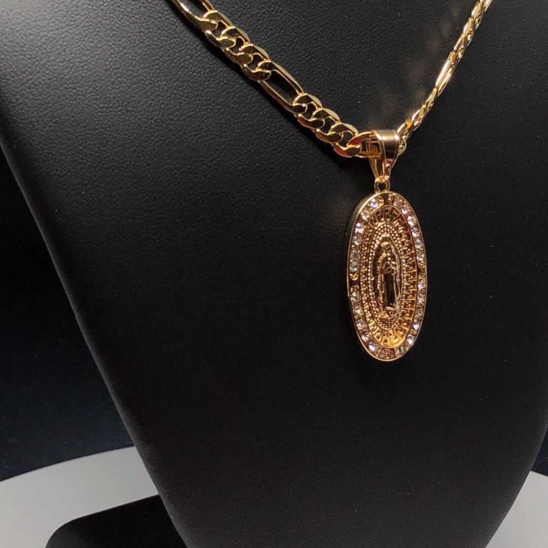 Gold Plated Virgin Mary Pendant White Stones 24" Chain Virgen Guadalupe - Image 11