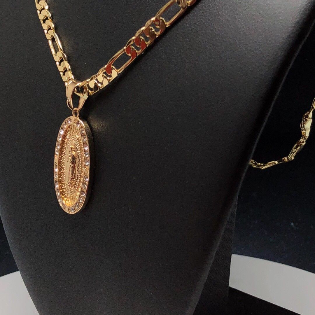 Gold Plated Virgin Mary Pendant White Stones 24" Chain Virgen Guadalupe - Image 12