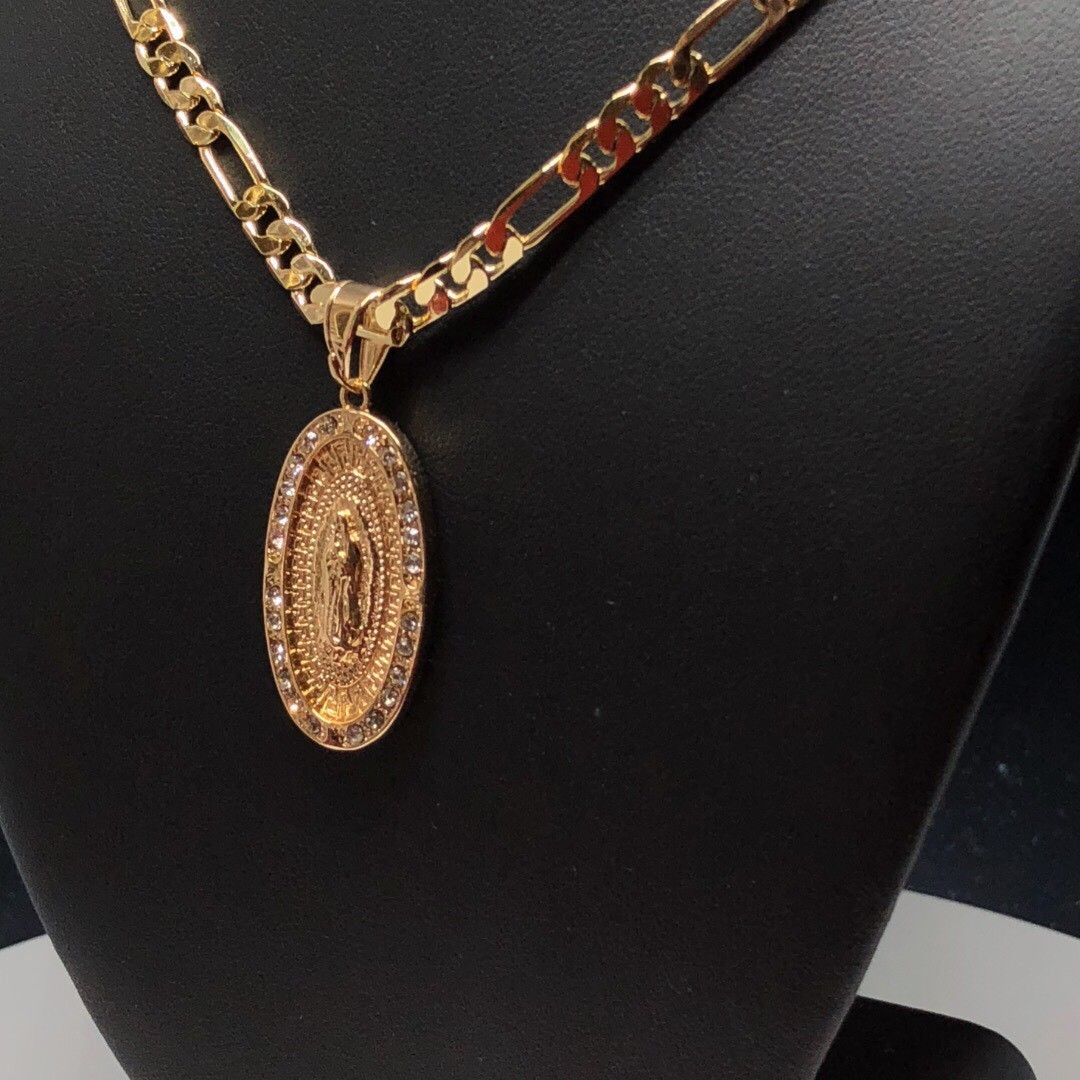 Gold Plated Virgin Mary Pendant White Stones 24" Chain Virgen Guadalupe - Image 6