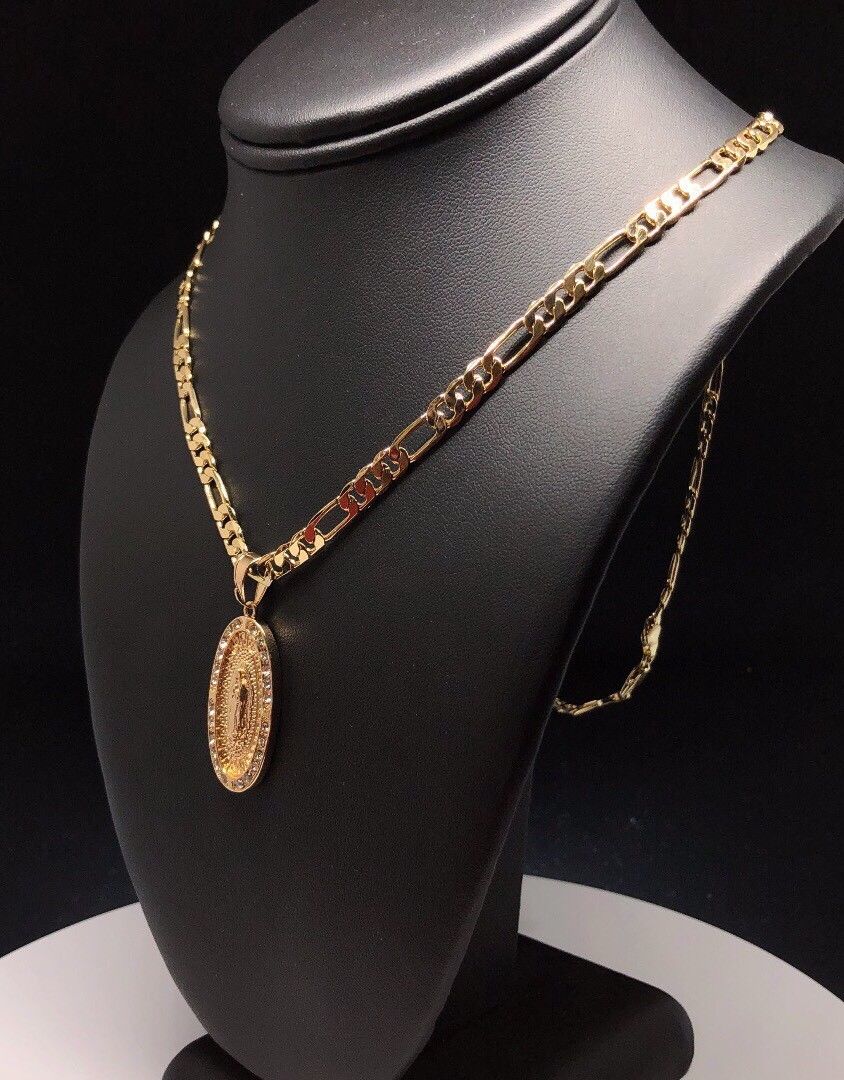 Gold Plated Virgin Mary Pendant White Stones 24" Chain Virgen Guadalupe - Image 7