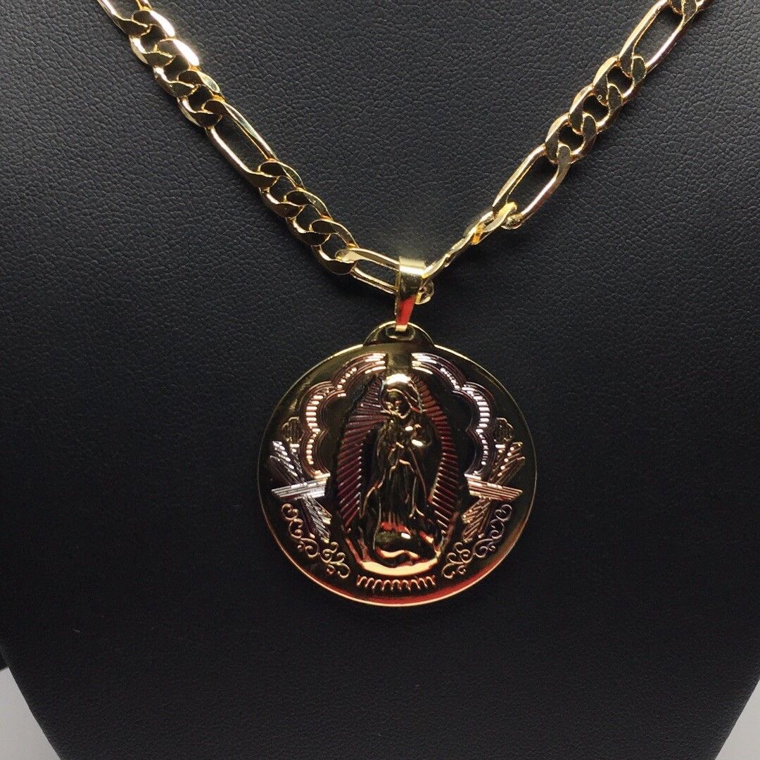 Gold Plated Tri-Color Virgin Mary Pendant 26" Chain / Virgen Guadalupe Medalla Pendant Necklace 26" Tres Colores Cadena oro laminado - Image 10