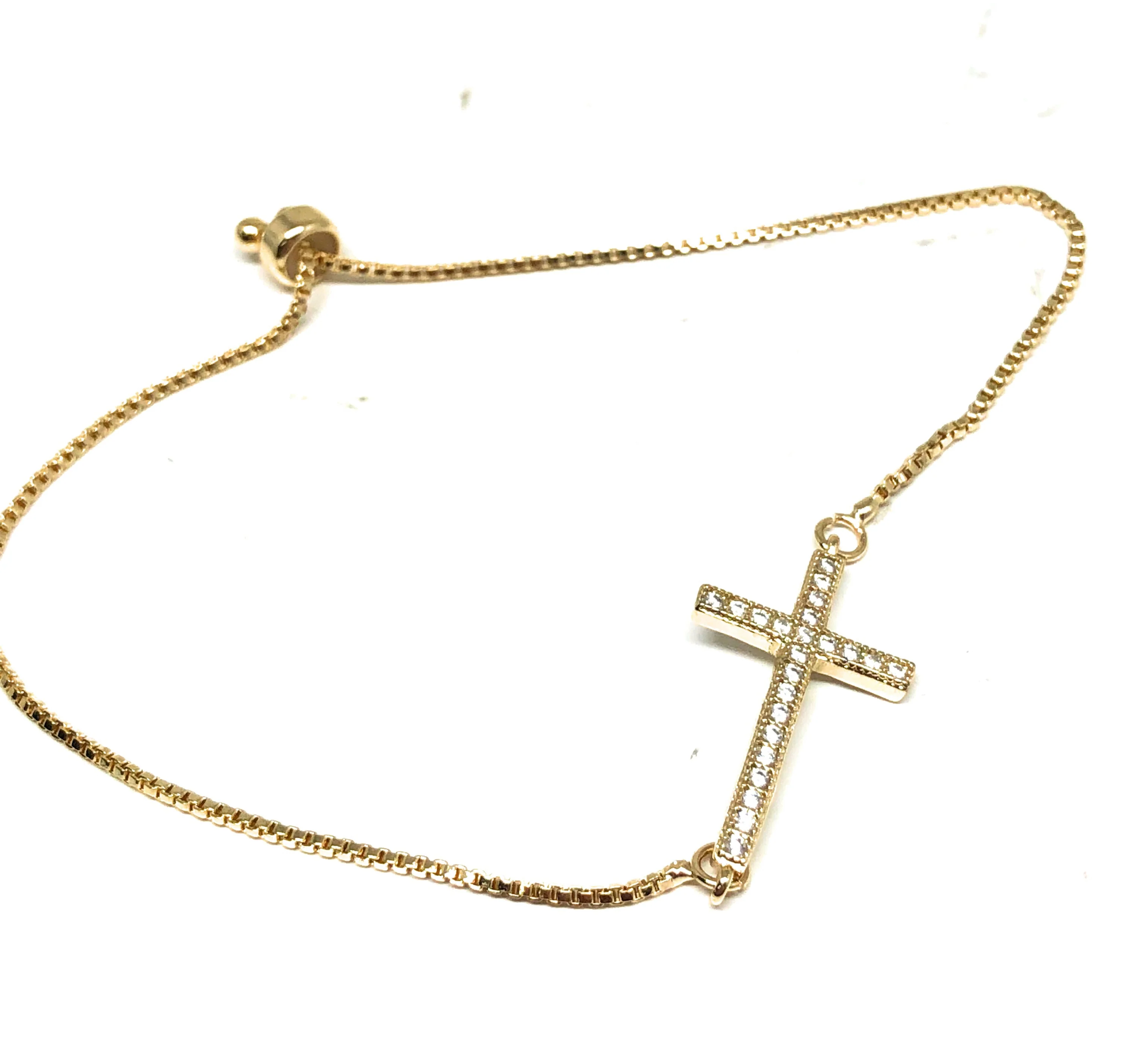 Women’s Gold Plated CZ Cross Adjustable Bracelet 8” Box Chain - Image 2